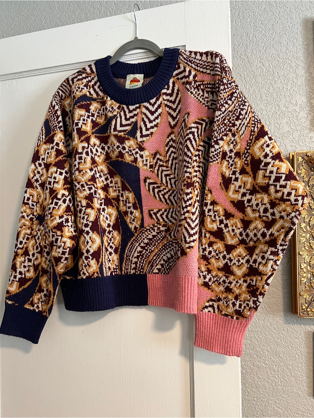 FARM Rio Multicolor Patterned Crewneck Sweater in Pink, Navy & Brown